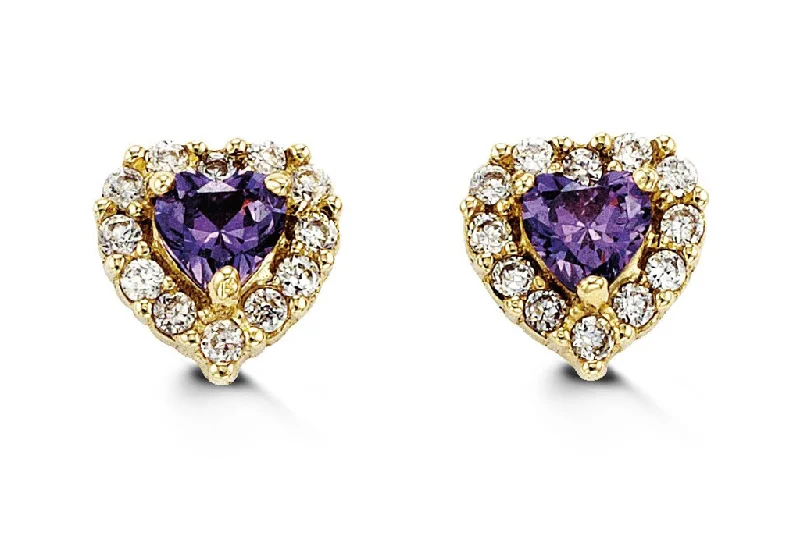 Large Hoop Earrings-14K Yellow Gold Purple Cubic Zirconia Heart Kid's Stud Earrings