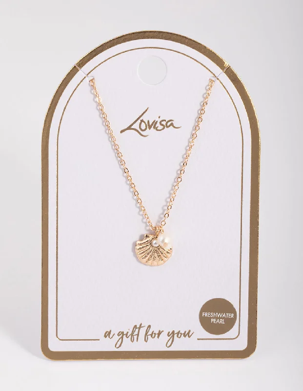 Layered Heart Necklace-Gold Freshwater Pearl & Clam Pendant Necklace