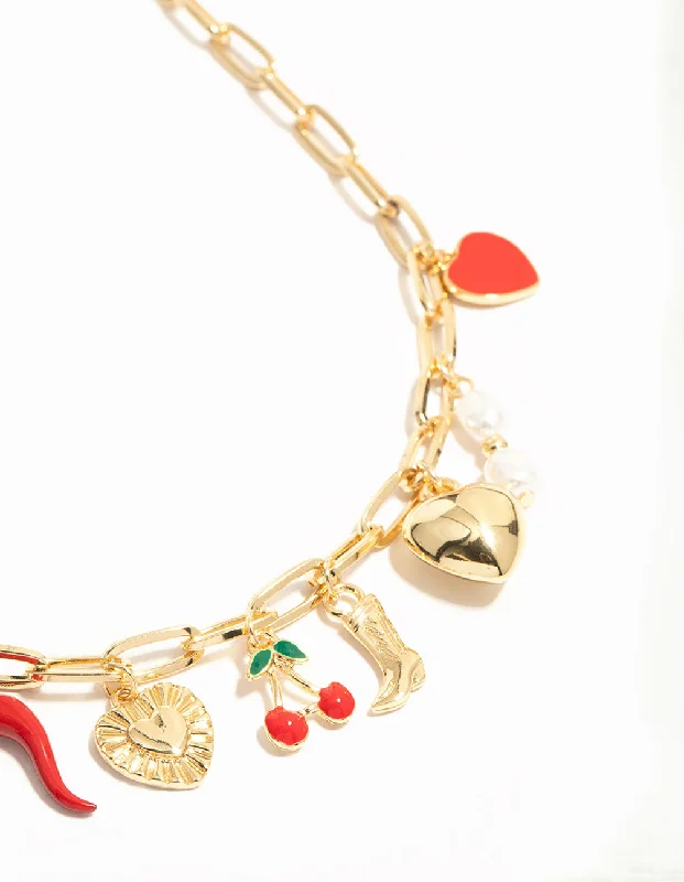 Wedding Necklace for Bride-Gold Plated Chili & Cherry Charm Necklace