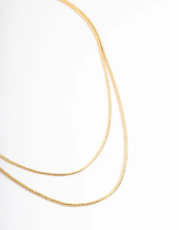 Minimalist Silver Necklace-Waterproof Gold Plated Stainless Steel Thin Herringbone Two Layered Necklace