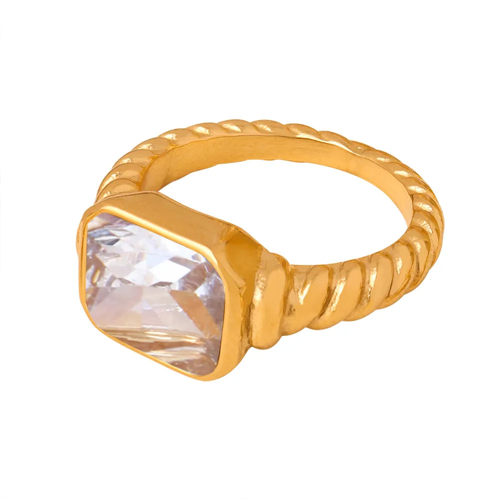 A504-Gold White Glass Stone Ring-No. 6