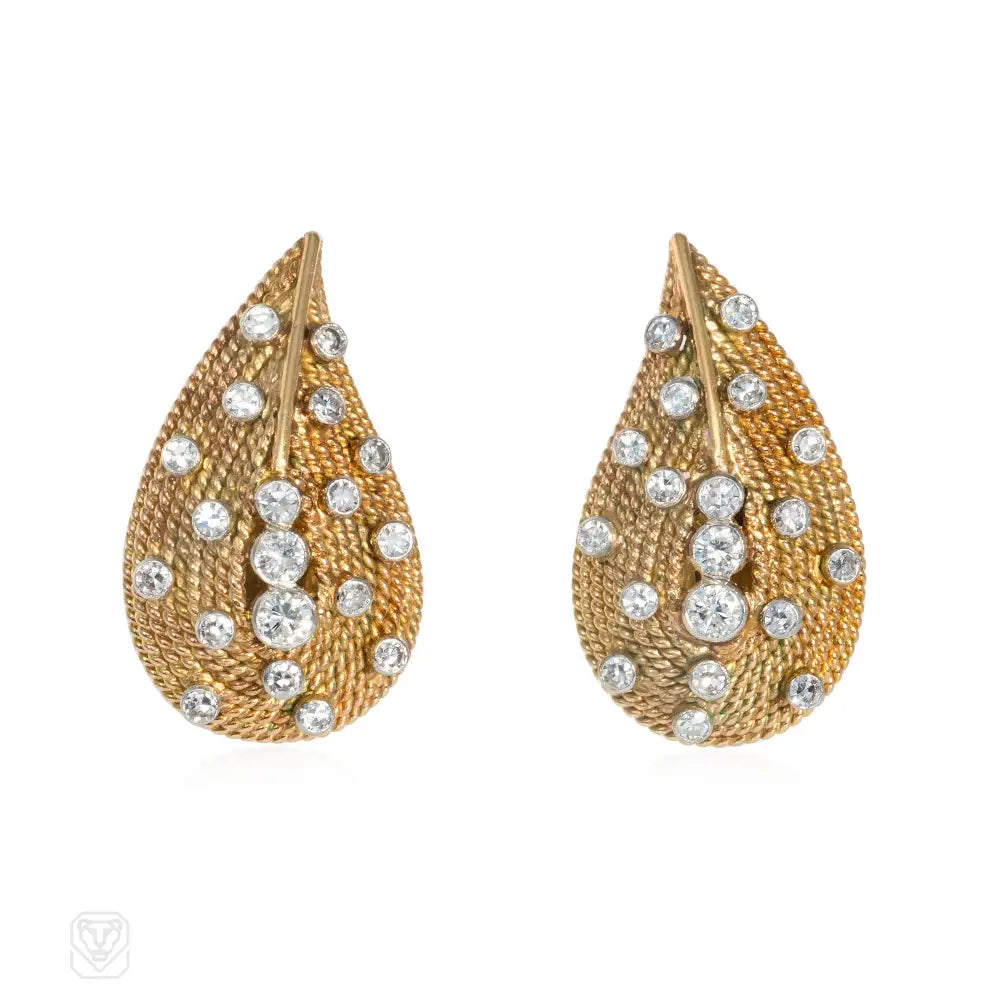 Shiny Drop Earrings-Gold and diamond mid-century leaf earrings