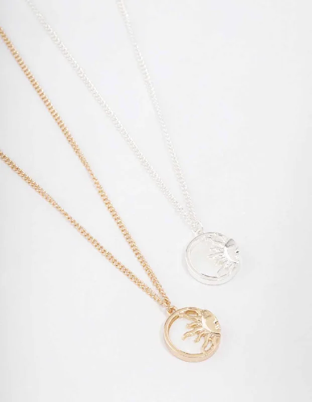 Luxury Pearl Necklace-Mixed Metal Circular Sun Necklace