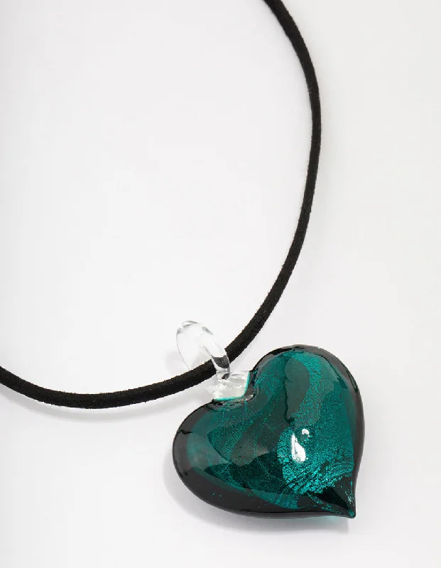 Designer Pendant Necklace-Black Cord & Teal Puffy Heart Pendant Necklace