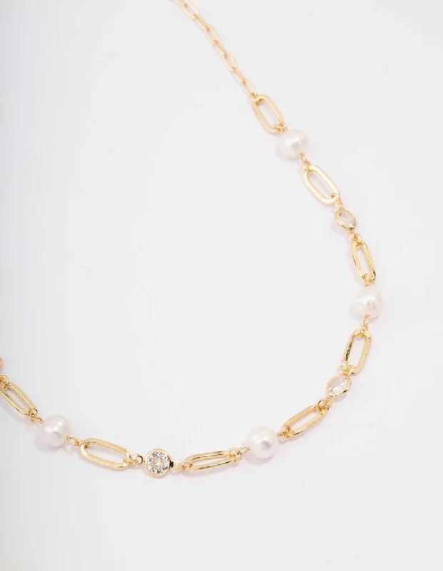 Silver Heart Pendant Necklace-Gold Plated Alternating Cubic Zirconia & Pearl Link Short Necklace