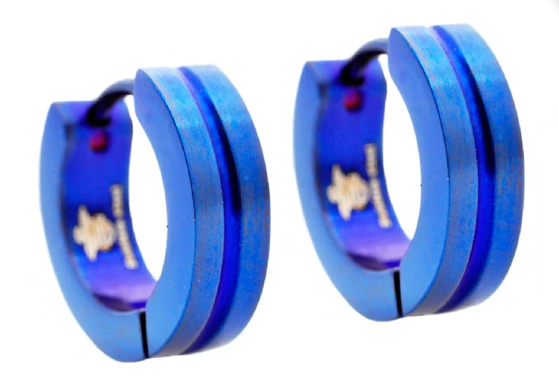 Colorful Gemstone Hoop Earrings-Mens 14mm Blue Plated Stainless Steel Divoted Hoop Earrings