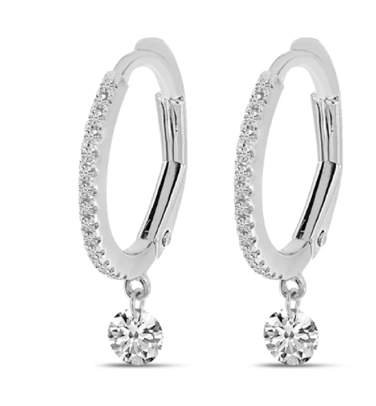 Cute Heart Earrings-14K White Gold 0.39ctw Diamond Huggie Hoop Drop Earrings