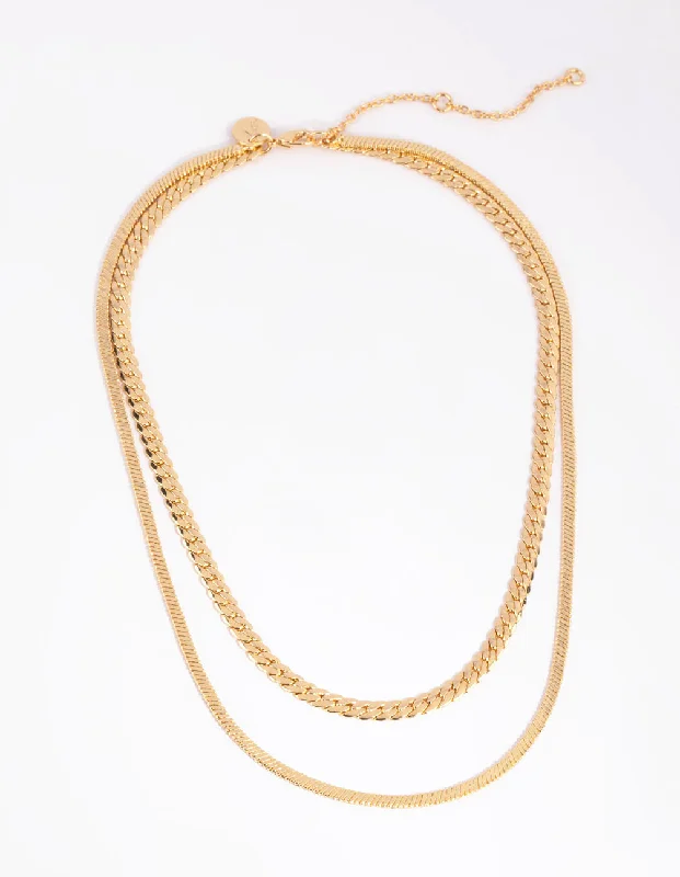 Geometric Gold Necklace-Gold Plated Herringbone & Snake Layered Necklace