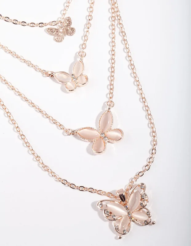 Cute Pendant Necklace-Rose Gold Bead & Butterfly Layered Necklace