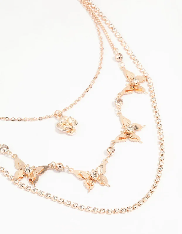 Gold Bead Chain Necklace-Rose Gold Butterfly & Flower Layered Necklace