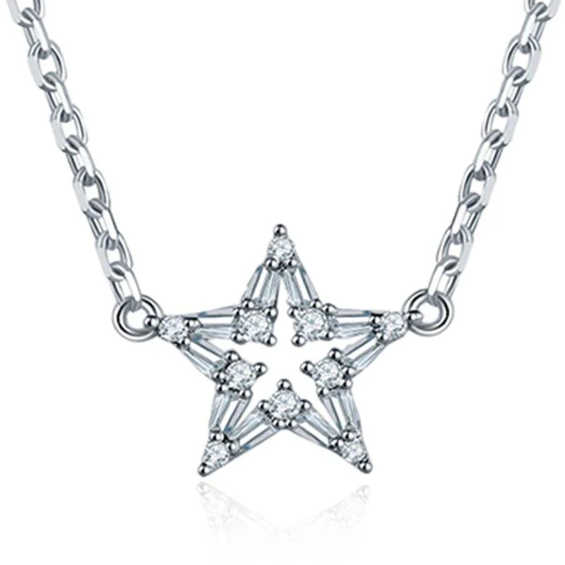 Silver Bar Necklace-Crystal Star Pendant Necklace