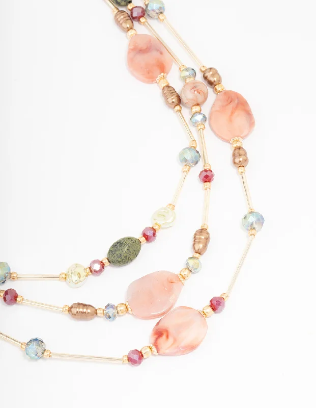 Layered Crystal Pendant Necklace-Gold Beaded Mixed Stone Layered Necklace