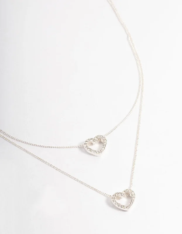 Silver Chain Necklace-Silver Double Diamante Open Heart Layered Necklace