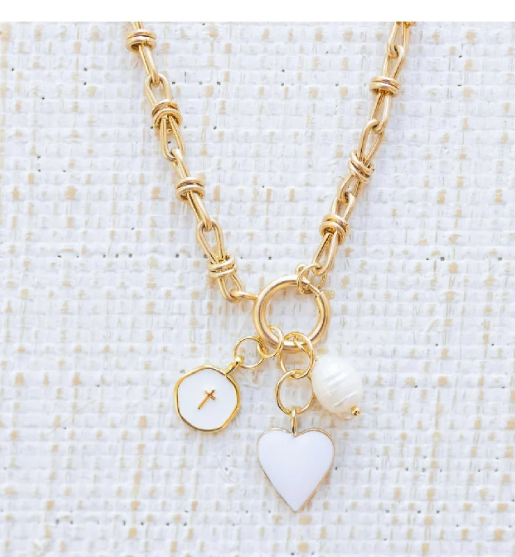 Silver Pendant with Diamonds-Faith Heart Pearl Necklace