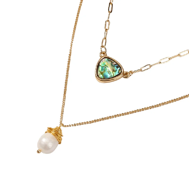 Custom Gold Necklace-Two Layer Necklace With Abalone Pendant And Pearl Pendant