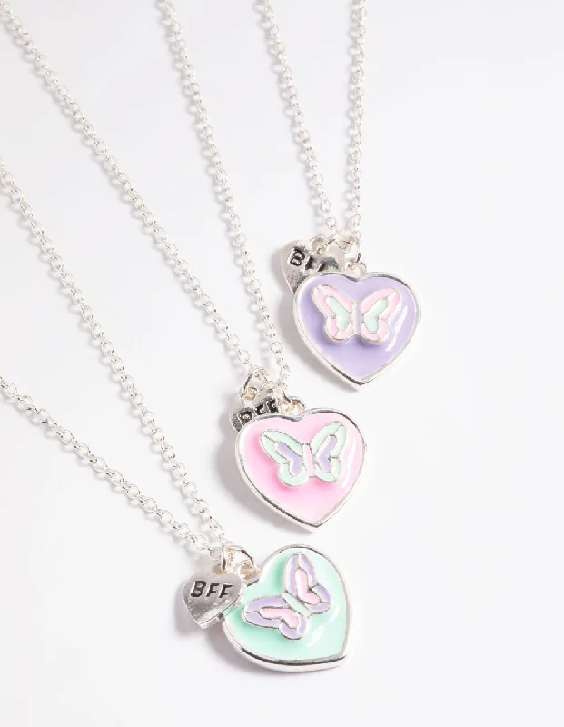 Simple Silver Necklace-Kids Pastel Butterfly Heart BFF Necklace Pack