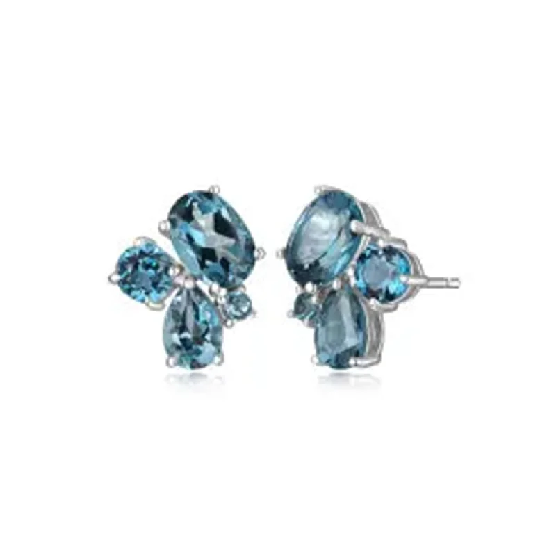 Eco-Friendly Hoop Earrings-Sterling Silver Blue Topaz Cluster Stud Earrings by Samuel B.