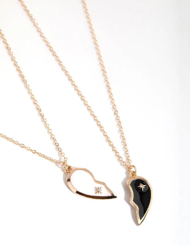 Minimalist Necklace for Women-Gold Black & White Half Yin Yang Necklace Pack