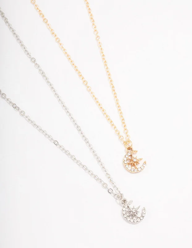 Bridal Gemstone Necklace-Gold & Silver Half Moon Diamante Pendant Necklace Pack