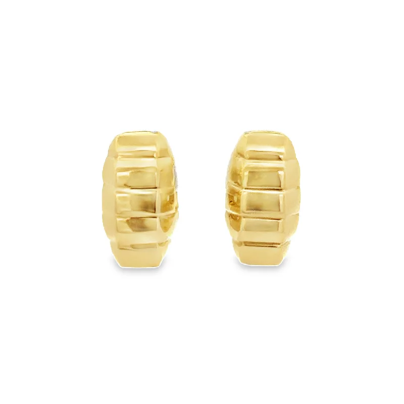 Handmade Gemstone Earrings-Ribbed Huggie Hoop Earrings in 18k Yellow Gold