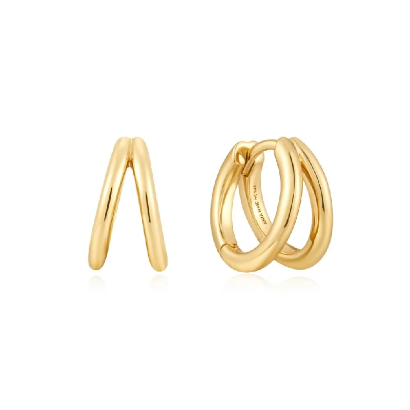 Diamond Stud Earrings-Gold Plated Double Huggie Hoop Earrings by Ania Haie