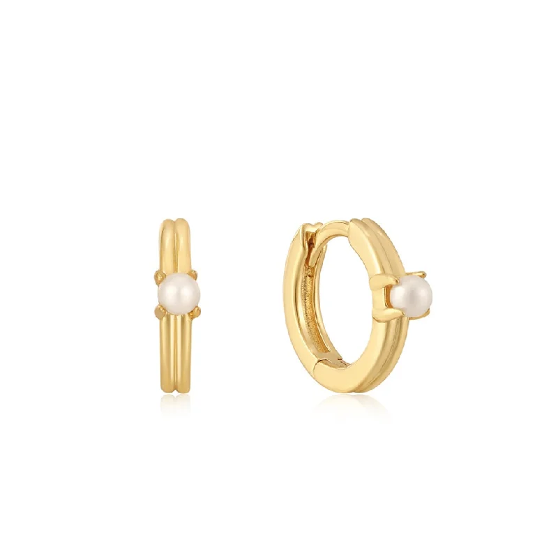 Tropical Earrings for Summer-14K Yellow Gold Plated Pearl Huggie Hoop Earrings by Ania Haie