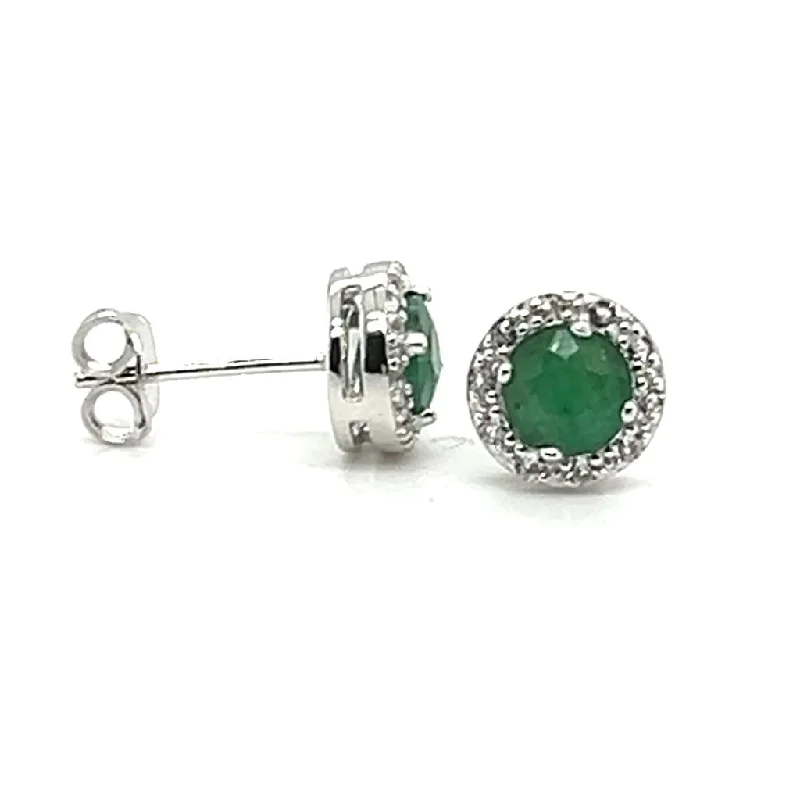 Yellow Gold Earrings-Sterling Silver Dyed Green Corundum & White Topaz Halo Stud Earrings by Samuel B.