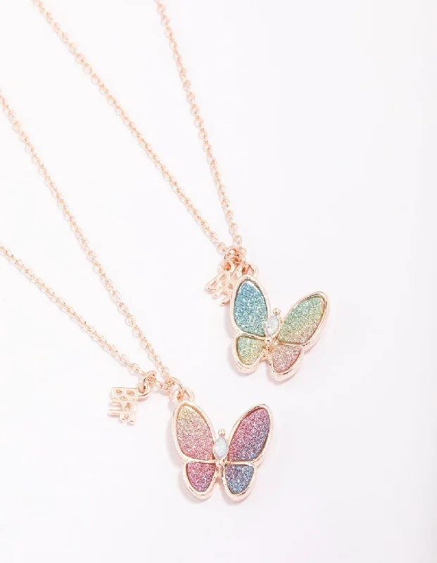 Modern Silver Necklace-Kids Rose Gold Glitter Butterfly Pendant Necklace Pack