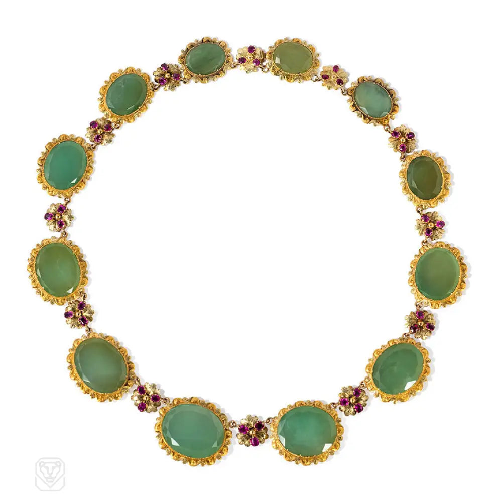 Elegant Crystal Necklace-Georgian gold, chrysoprase, and ruby necklace