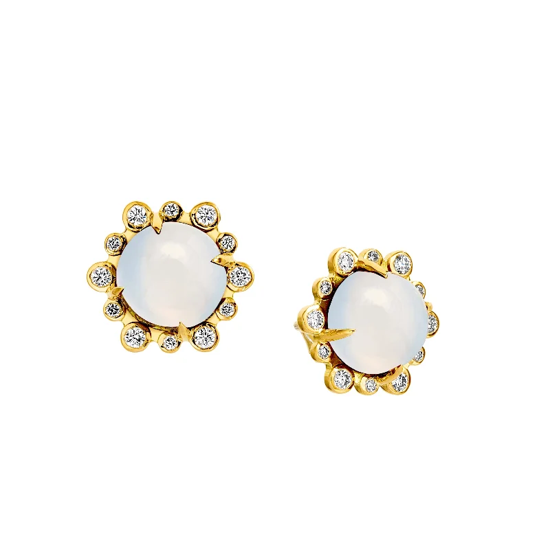 Modern Silver Earrings-Cabochon Studs with Diamonds