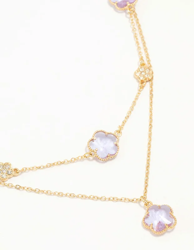 Sterling Silver Pendant Necklace-Gold Plated Purple Cubic Zirconia Petal Layered Necklace