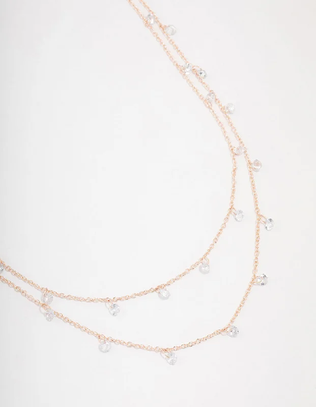 Pearl Drop Necklace-Rose Gold Plated Cubic Zirconia Double Station Drop Necklace