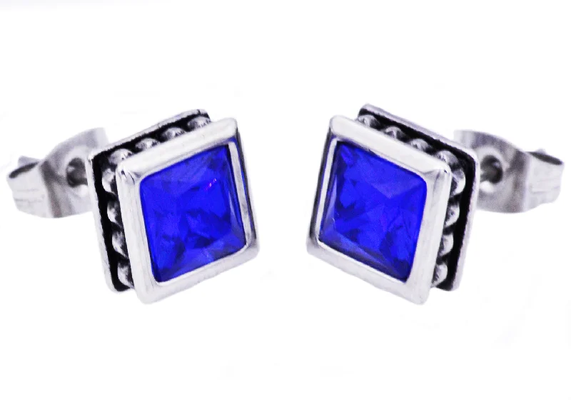 Shiny Drop Earrings-Mens 13mm Stainless Steel Stud Earrings With Blue Cubic Zirconia