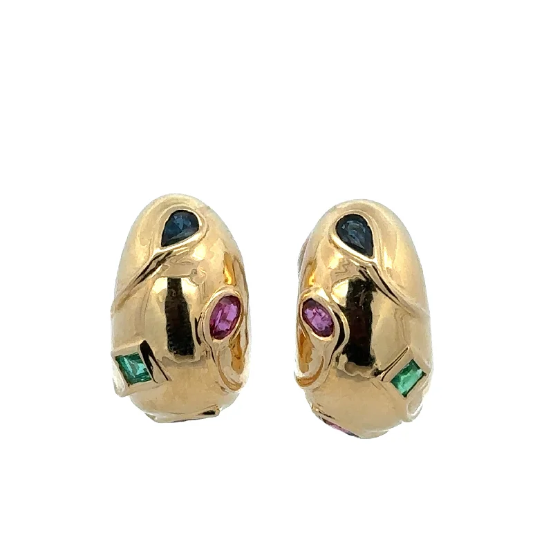 Gold Chain Earrings-Luxurious Ruby, Emerald, and Sapphire Huggie Earrings in 18k Yellow Gold