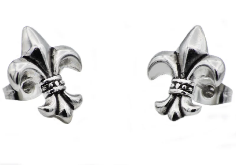 Chic Hoops for Women-Mens 14mm Stainless Steel Fleur De Lis Stud Earrings