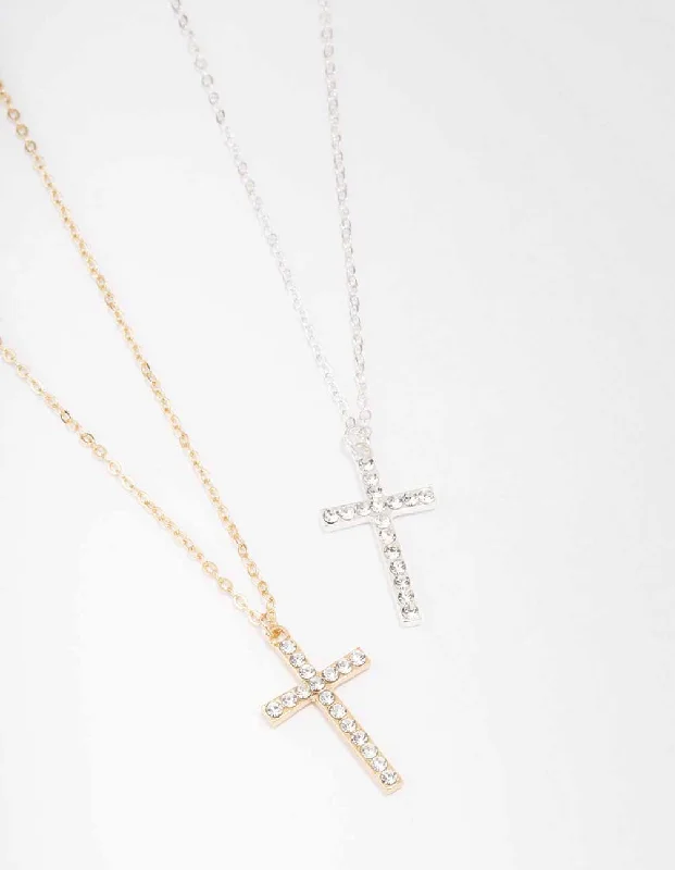 Sterling Silver Chain Necklace-Mixed Metal Diamante Cross Necklace Pack