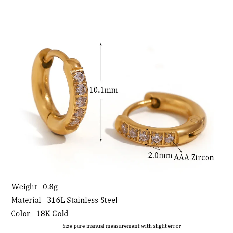 Rounded Edge Zircon Earrings-Gold-10mm