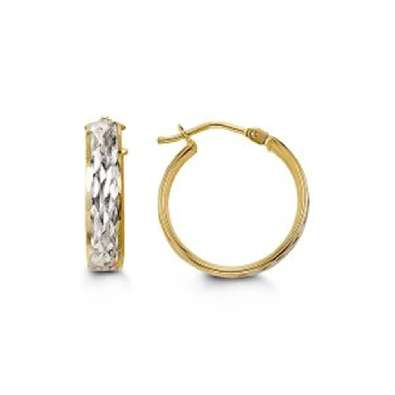 Gold and Diamond Earrings-10K Two Tone Gold Diamond Cut Wide Huggie Hoop Earrings