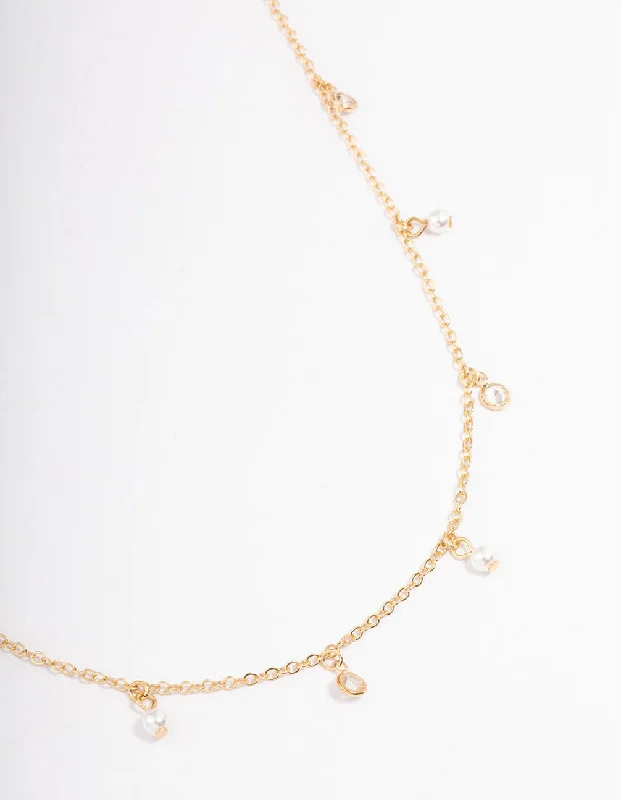 Classic Chain Necklace-Gold Diamante & Pearl Drop Station Necklace