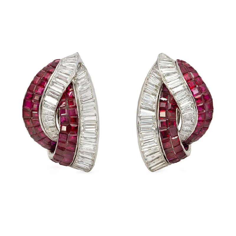 Handmade Crystal Earrings-Retro invisibly set ruby and diamond stylized knot earrings