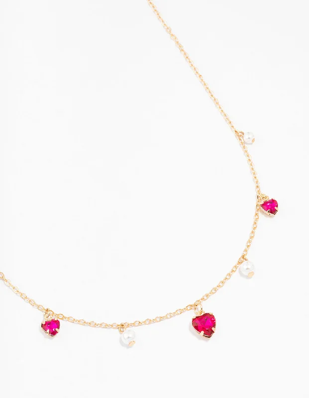 Elegant Gold Necklace-Gold Pearl And Diamante Heart Droplet Necklace