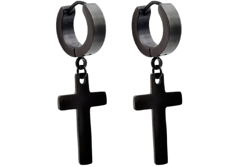 Diamond Drop Earrings-Men's Black Stainless Steel Cross Earrings