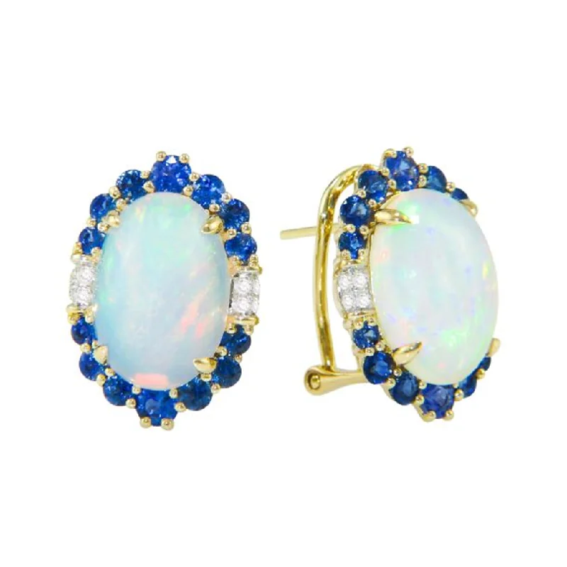 Heart Shaped Hoop Earrings-14K Yellow Gold 8.75ctw Opal, Blue Sapphire, & Diamond Halo Stud Earrings by Bellarri