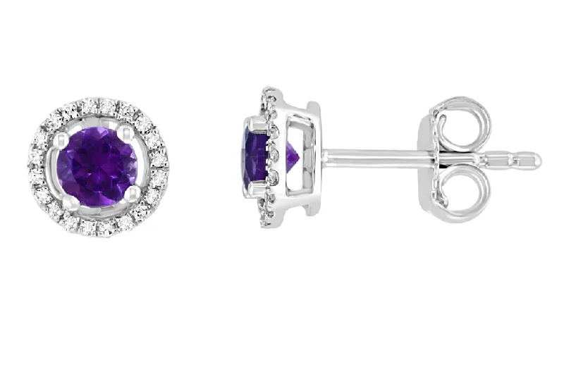 Vintage Stud Earrings-14K White Gold 0.54ctw Amethyst & Diamond Halo Stud Earrings