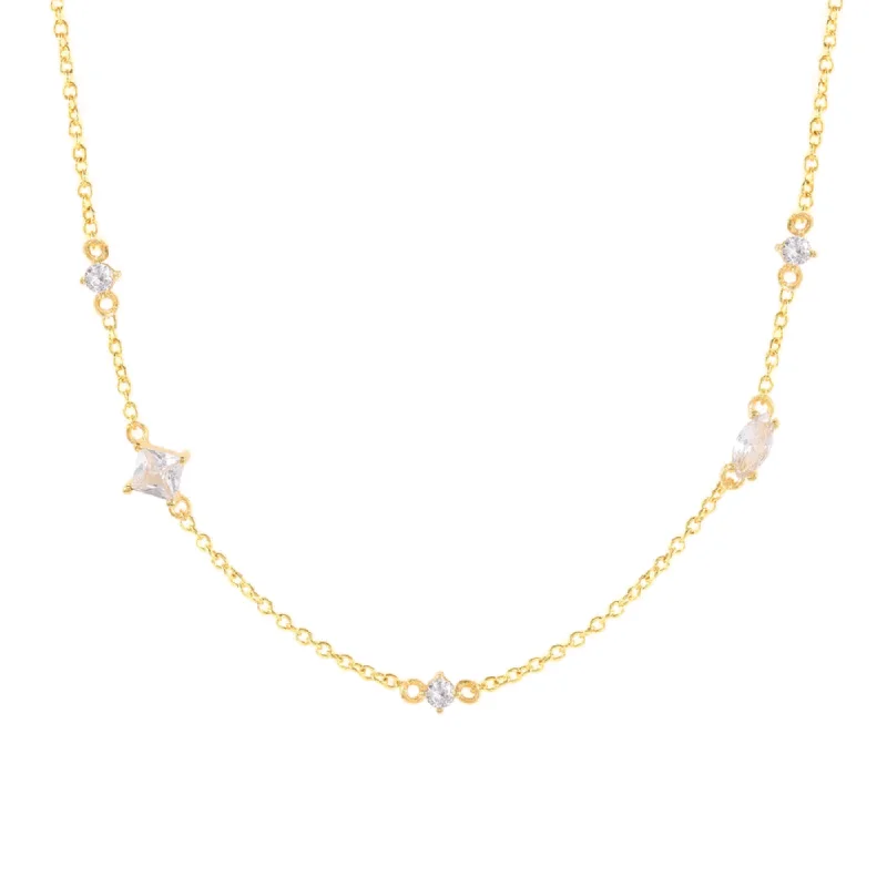 Dainty Diamond Necklace-Starfall Necklace with Oval, Round, and Princess Cut Cubic Zirconia