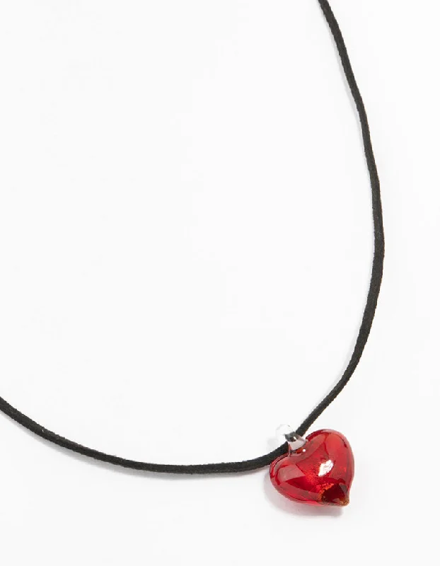 Designer Bar Necklace-Mini Red Beaded Glass Heart Necklace