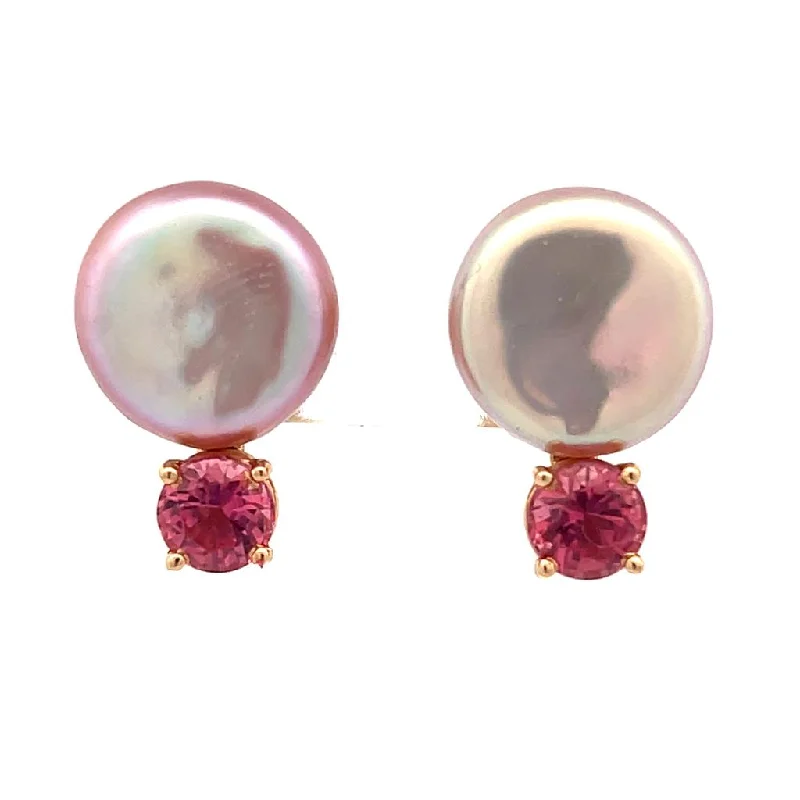 Modern Style Earrings-Estate 14K Yellow Gold Freshwater Pink Pearl & Pink Tourmaline Stud Earrings