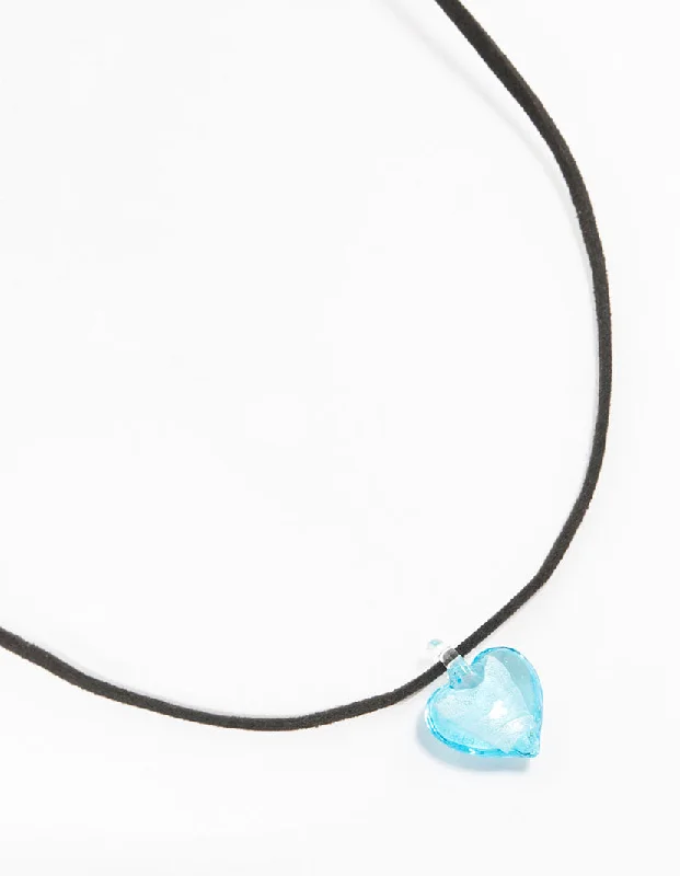 Silver Choker Necklace-Mini Blue Beaded Glass Heart Necklace