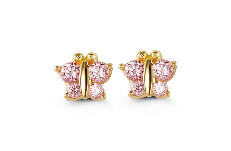 Diamond Drop Earrings-14K Yellow Gold Pink Cubic Zirconia Butterfly Kid's Stud Earrings