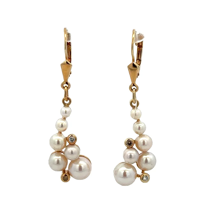 Custom Drop Earrings-Akoya Cultured Pearl and Diamond Drop Earrings in Yellow Gold